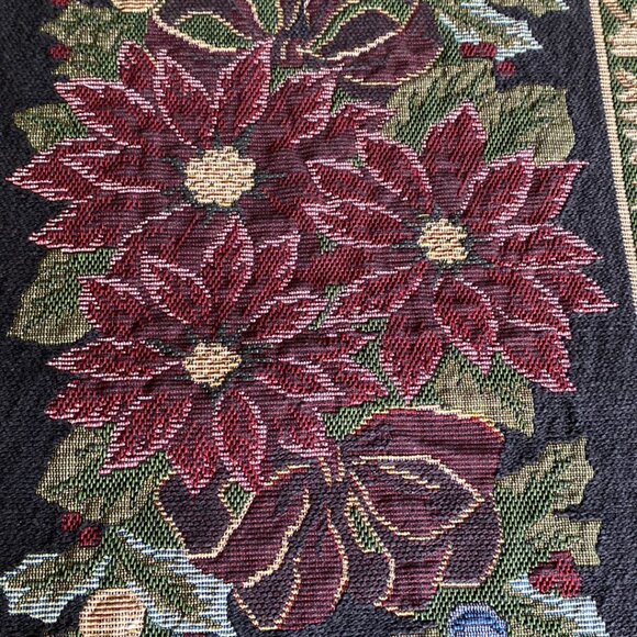 Vintage Tapestry Style Table Runner w/Burgundy Poinsettias & Holly Berri… - Picture 8 of 13